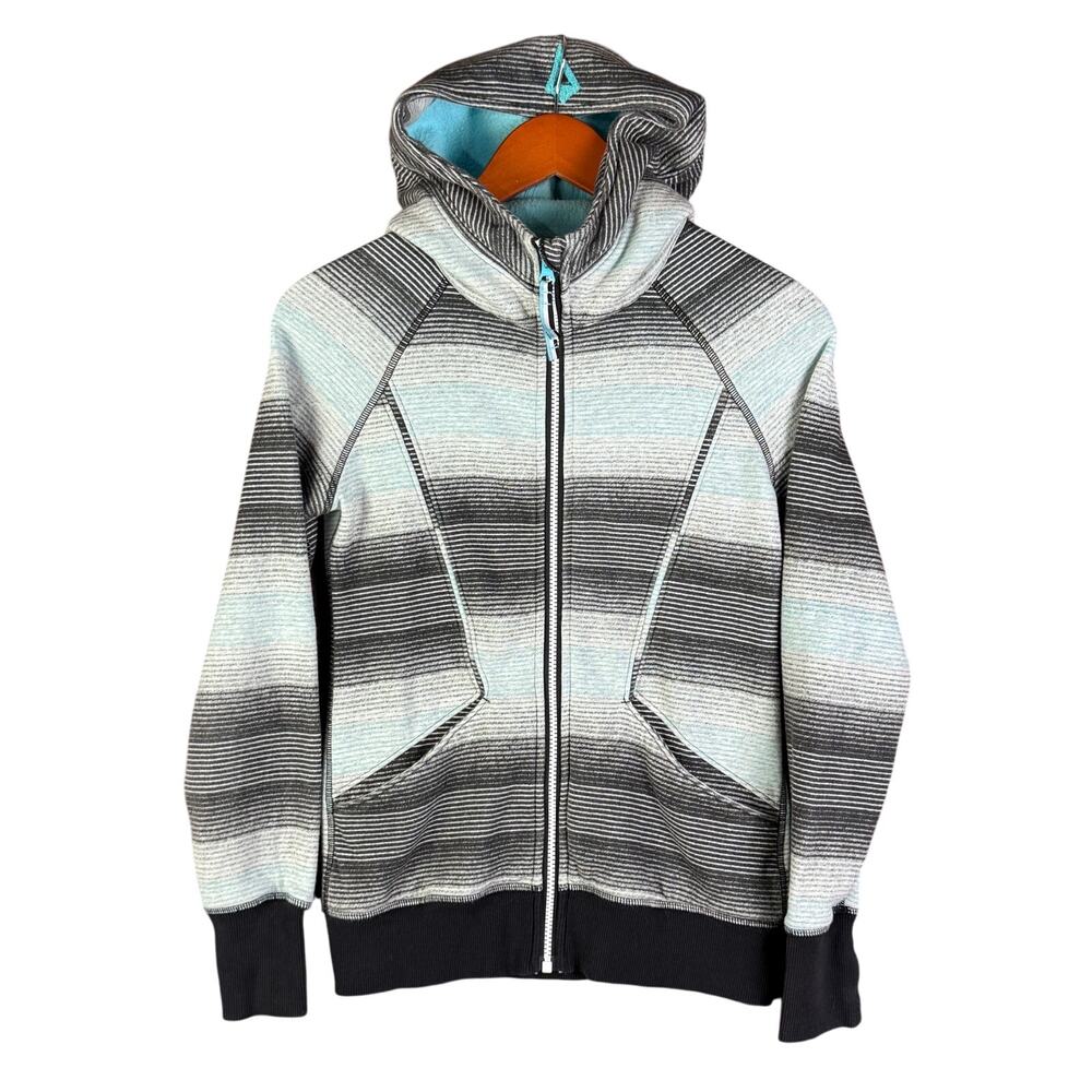 Ivivva by Lululemon Zip Up Scuba Hoodie Jacket Striped Kids Mint Black Youth 12‎